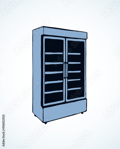 Big chiller show ice soda good case icebox stand on white background. Line black hand draw empty rack chest box cafe aisle device symbol sign in art modern doodle cartoon style on paper space for text