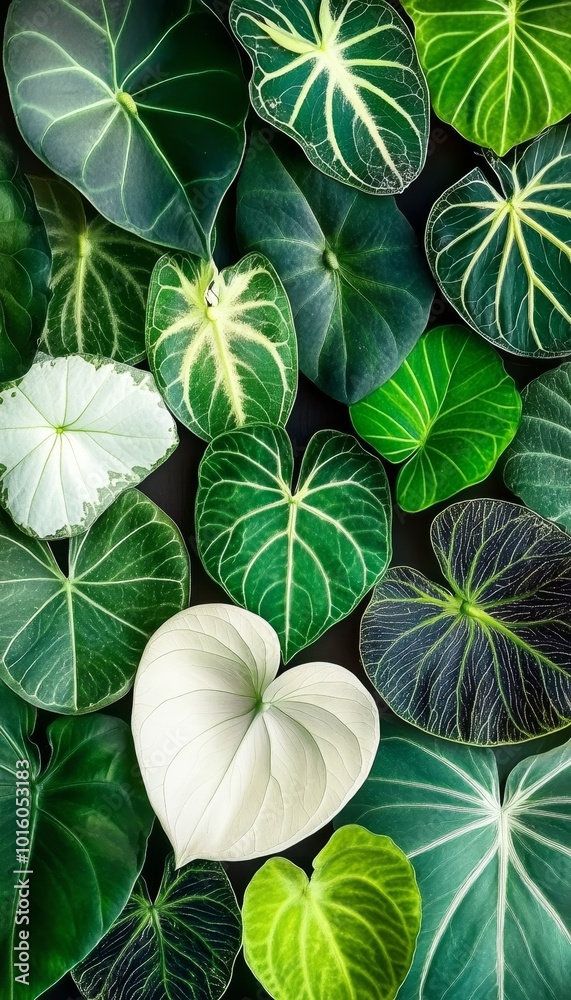 Tropical Green Alocasia Plants. Indoor Garden Background Of Rare, Exotic, Leafed Plants