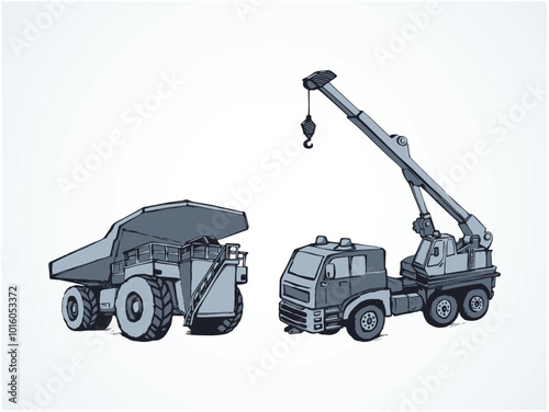 Large high power carrier metal haul dumptruck on white sky background. Freehand line black ink hand drawn forklift build lift site tow logo sign icon in modern doodle art cartoon style pen on paper