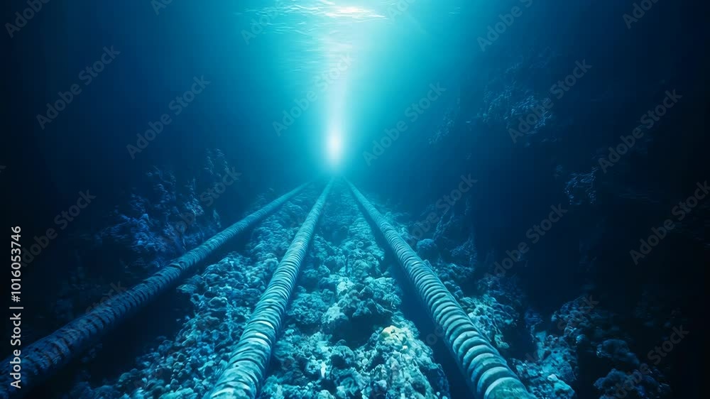 Underwater power cables stretching across the ocean floor in a deep blue sea environment, 4k video