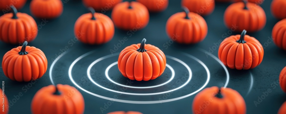 Colorful pumpkins surrounded by concentric circles on a dark background. Colorful pumpkins surrounded by concentric circles on a dark background.