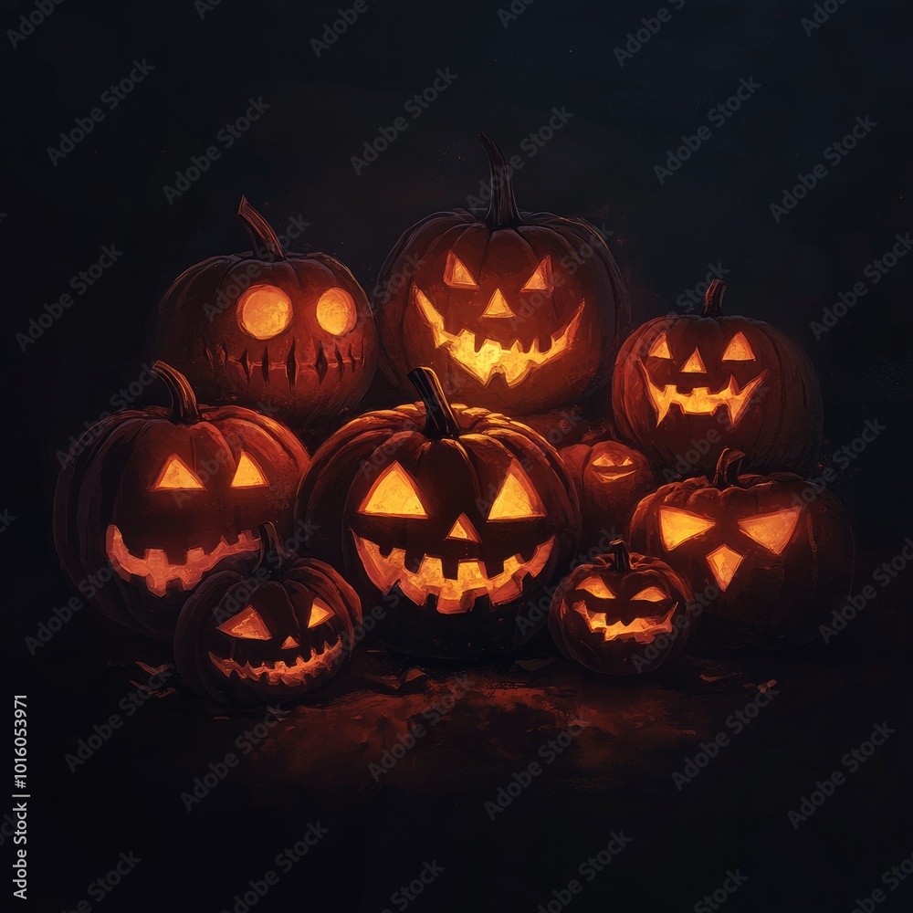 Generative AI illustration of illuminated carved pumpkins with different evil faces in darkness at Halloween night with background Generative AI illustration of illuminated carved pumpkins with different evil faces in darkness at Halloween night with background