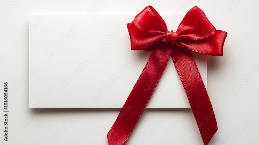 A white card with a red ribbon bow on top, isolated on a white background. A white card with a red ribbon bow on top, isolated on a white background.