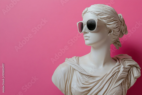 Statue of a Greek goddess. Plaster bust of a young girl in sunglasses on a pink background. Generated by artificial intelligence