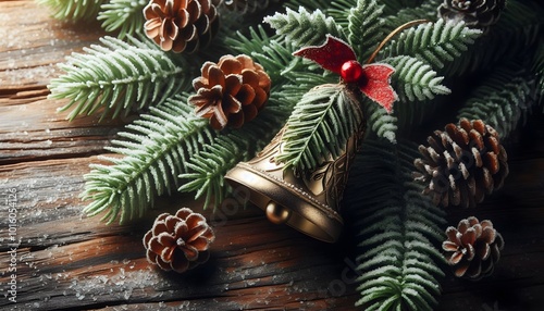 Rustic Holiday Arrangement with Pine Cones, Golden Bell on Wooden Surface, Christmas Decoration background