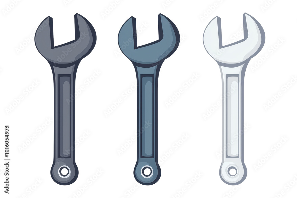Set of three cartoon wrenches in varying shades of gray and white, isolated on a transparent background. ideal for design projects and illustrations. Set of three cartoon wrenches in varying shades of gray and white, isolated on a transparent background. ideal for design projects and illustrations.