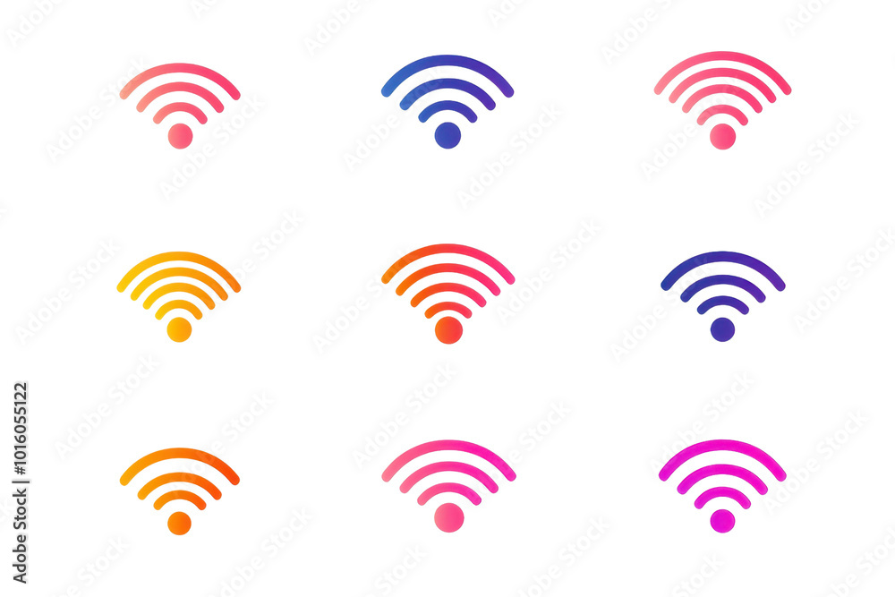 A set of colorful gradient Wi-Fi icons illustrating internet connectivity and technology. Each icon varies in hue, enhancing modern design projects. A set of colorful gradient Wi-Fi icons illustrating internet connectivity and technology. Each icon varies in hue, enhancing modern design projects.