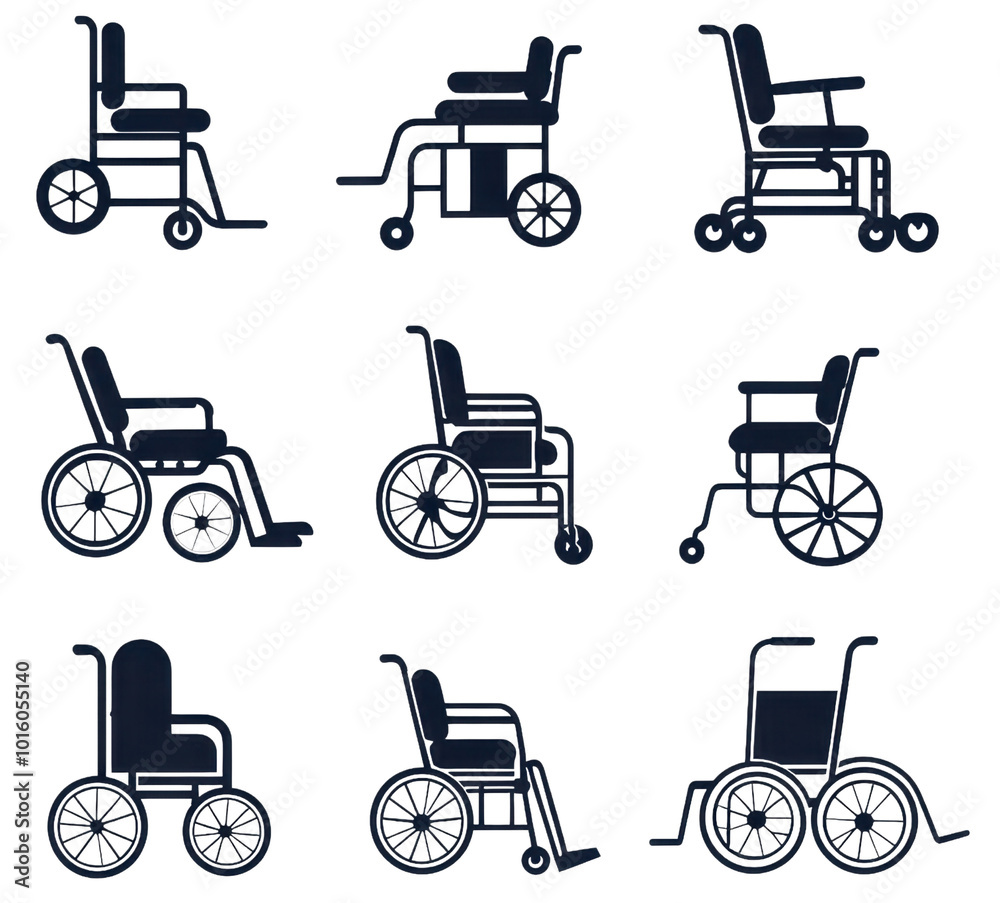 Set of nine vector illustrations depicting various wheelchair designs in outline style on a transparent background. Set of nine vector illustrations depicting various wheelchair designs in outline style on a transparent background.
