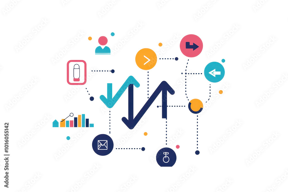 Colorful business infographic with arrows and icons illustrating data flow and connections. Perfect for presentations and analysis reports. Colorful business infographic with arrows and icons illustrating data flow and connections. Perfect for presentations and analysis reports.