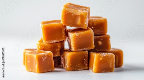 Stack of Delicious Caramel Candies on a White Background 