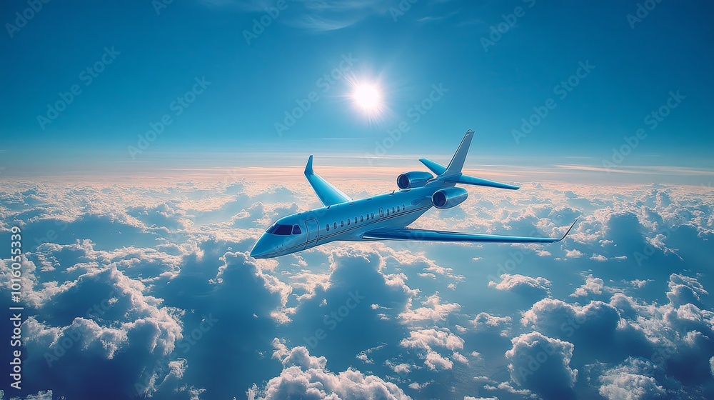 Modern Private Jet Soaring Above the Clouds During a Sunny Day. Long Range Buisness Jet. Modern Private Jet Soaring Above the Clouds During a Sunny Day. Long Range Buisness Jet.