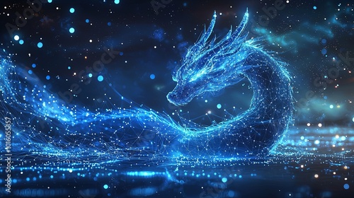 A tranquil dragon rests in a sea of swirling cosmic blues and twinkling lights, its elegant silhouette blending seamlessly with the celestial ambiance around it.