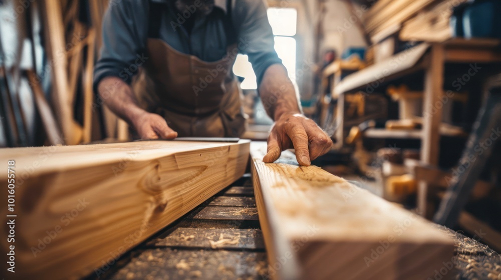 Carpenter's Hand Detailing Wood Plank in Workshop Carpenter's Hand Detailing Wood Plank in Workshop