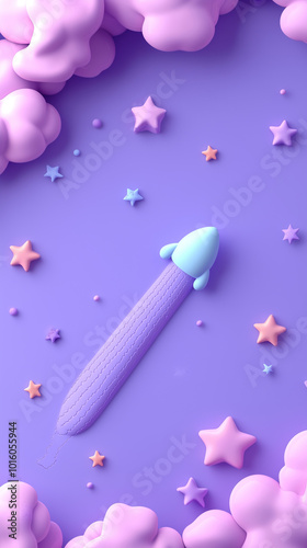 Cute Rocket Launching into Purple Sky with Stars and Clouds.
