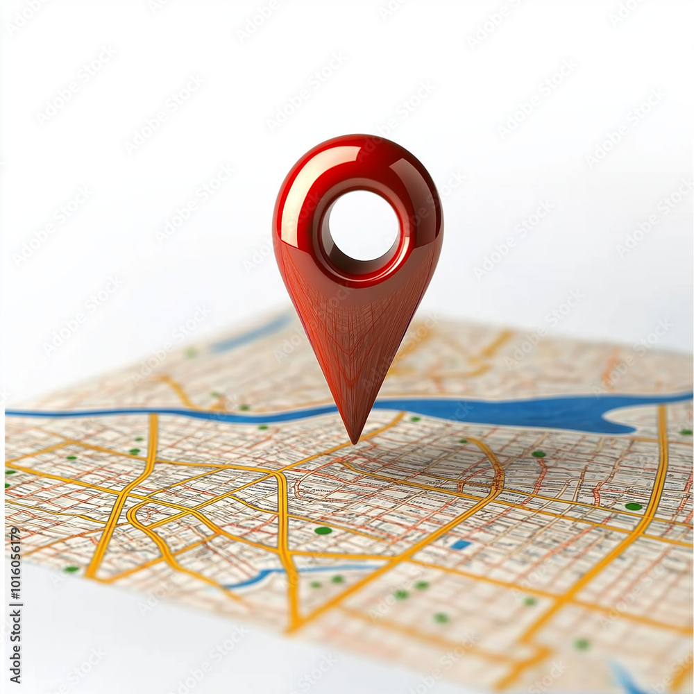 Red map pin placed on a detailed map, emphasizing modern navigation and location tracking. Red map pin placed on a detailed map, emphasizing modern navigation and location tracking.