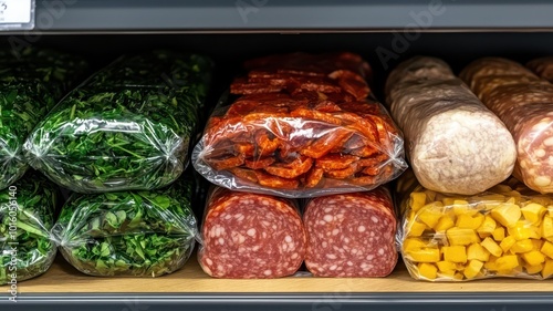 prepackaged deli meats on a supermarket shelf, showcasing a variety of options. photo