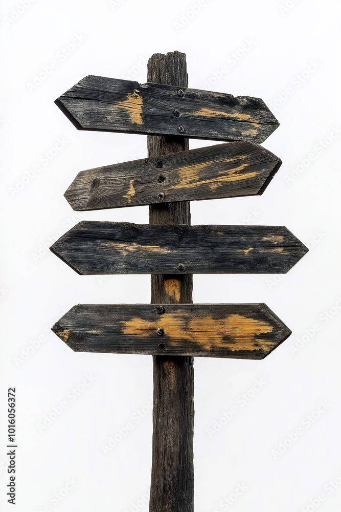Weathered wooden signpost with multiple directions, ideal for wilderness or rural exploration. Weathered wooden signpost with multiple directions, ideal for wilderness or rural exploration.