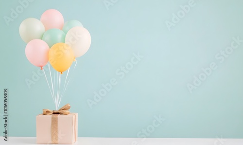  cheerful scene with a gift box in the foreground and colorful balloons gently floating upward from inside, Generative AI 