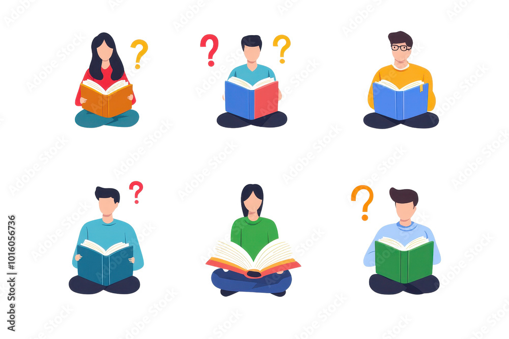 Illustration of diverse people reading books with question marks above, symbolizing learning and curiosity. Multicultural education concept. Illustration of diverse people reading books with question marks above, symbolizing learning and curiosity. Multicultural education concept.