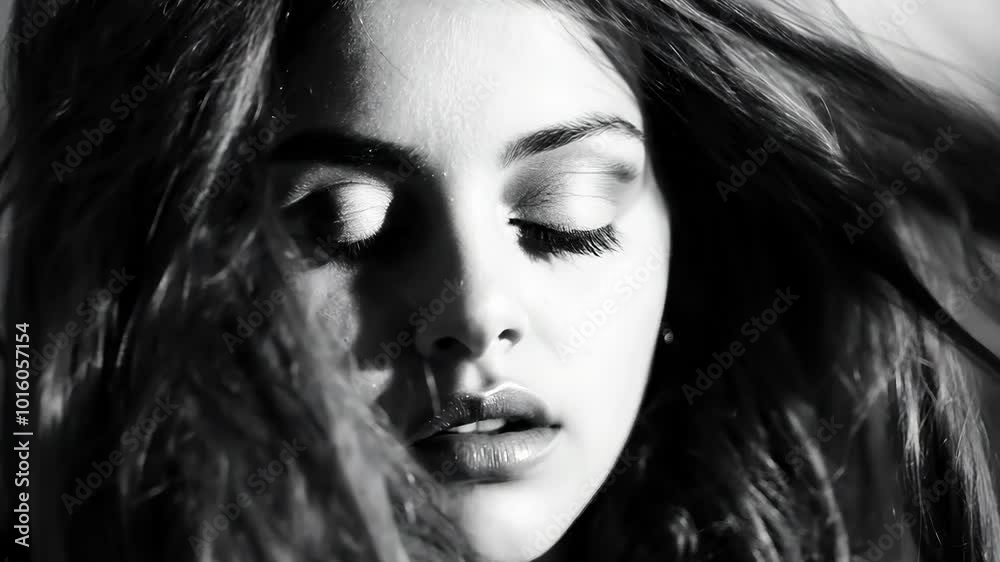 Serene expression of a young woman with flowing hair in black and white, 4k video Serene expression of a young woman with flowing hair in black and white, 4k video