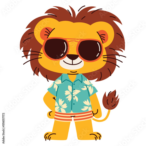 Cute lion in a beach suit and sunglasses. Flat vector illustration in children's style on a summer theme. Vector illustration