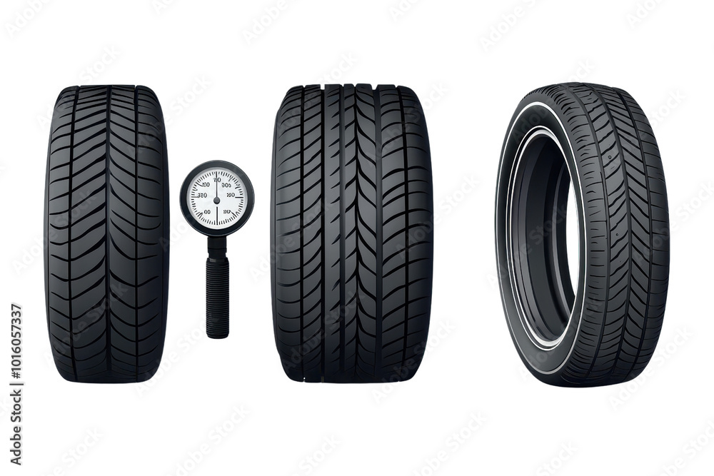 Set of four car tires with a pressure gauge isolated on transparent background. showcasing tread patterns and gauge detail for automotive context. Set of four car tires with a pressure gauge isolated on transparent background. showcasing tread patterns and gauge detail for automotive context.