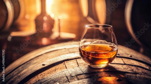 A glass of whiskey resting on a wooden barrel, illuminated by warm soft light, showcasing rich amber hues and textures. photo