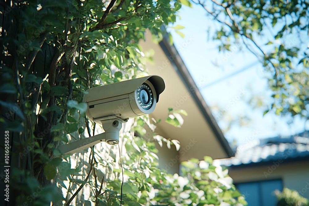 Security Camera on a Wall with Green Vines and Foliage - Realistic Photo Security Camera on a Wall with Green Vines and Foliage - Realistic Photo