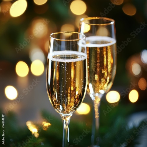 Glasses of champagne at new year party background