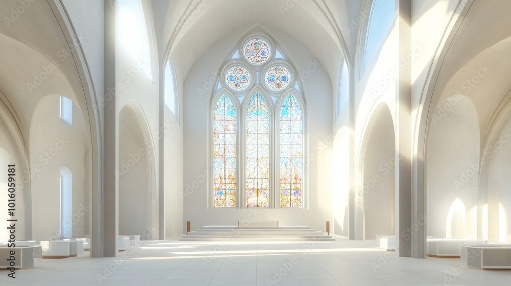 Architectural details of a spiritual building, featuring a large window with intricate stained glass, serene atmosphere Architectural details of a spiritual building, featuring a large window with intricate stained glass, serene atmosphere