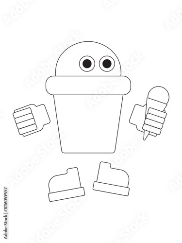 Big wafer ice cream with eyes, hands and feet eats small cone ice cream. Black and white colors, outline. Isolated on white background (backdrop). Vector illustration.