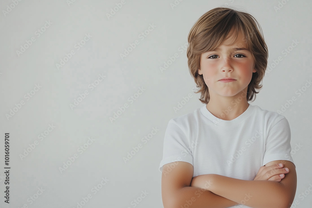 Mad little boy standing with his arms crossed, looking directly at the camera with an upset and frustrated expression. highlighting the child's annoyed emotion. Mad little boy standing with his arms crossed, looking directly at the camera with an upset and frustrated expression. highlighting the child's annoyed emotion.