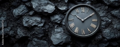 Wallpaper Mural A black clock sits against a dark coal surface, surrounded by shadows. Copy space for text. Torontodigital.ca