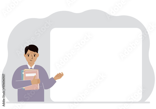 The man holds many books. Nearby is a large white poster for your text. Vector flat illustration.