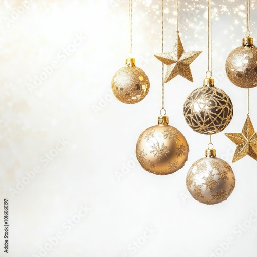 Golden Christmas balls light white background.