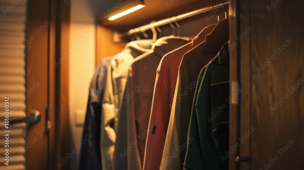 A Close-Up View of Clothes Hanging in a Closet A Close-Up View of Clothes Hanging in a Closet