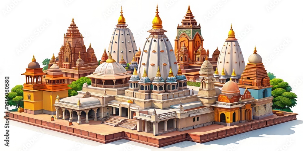 Naklejka premium Aerial vector icon depicting the Kashi Vishwanath Temple, symbolizing rich cultural heritage and spiritual significance, blending architectural