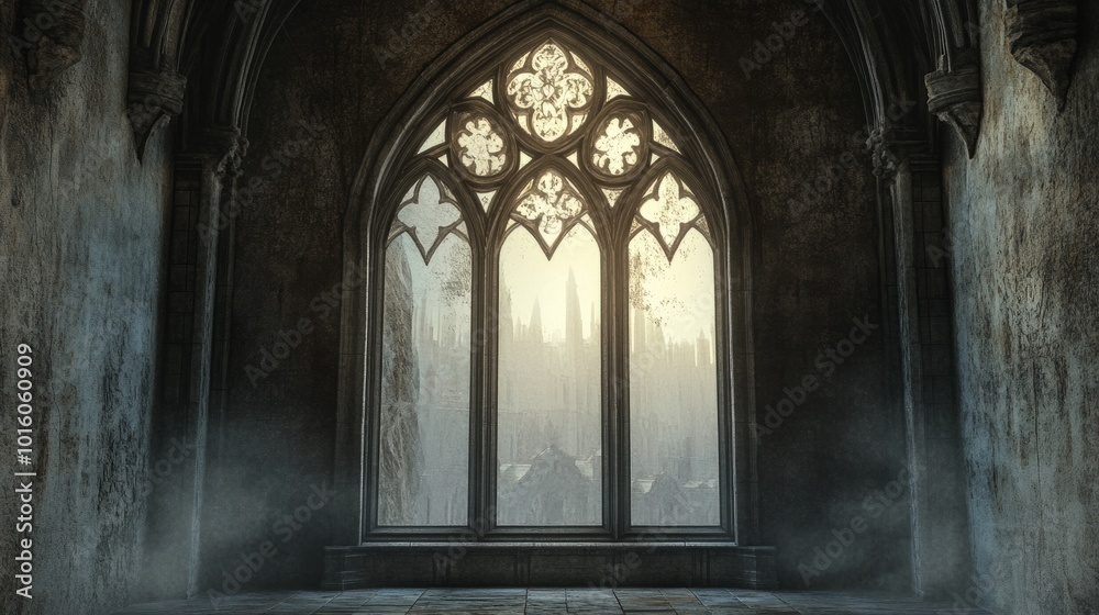 Gothic-style arched window of a spiritual structure, ornate detailing capturing a sense of history and spirituality Gothic-style arched window of a spiritual structure, ornate detailing capturing a sense of history and spirituality