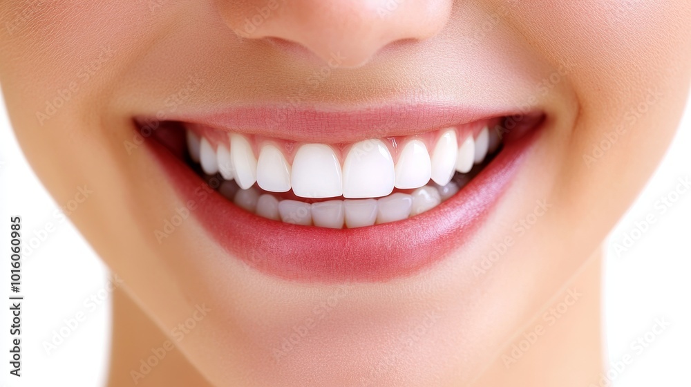 Obraz premium Close-up of a Beautiful Womans Smile with Perfect White Teeth, Healthy Gums, and Natural Lip Color