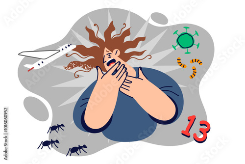 Irrational phobias and fears in women who is afraid airplanes and number 13 or insects and bacteria