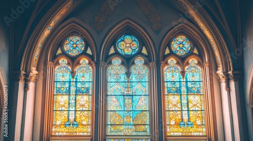 Intricate window design of a spiritual building, stained glass and ornate details, capturing a sense of sacred beauty and light