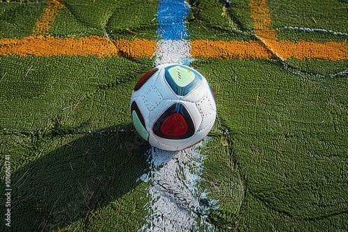 Soccer Ball on Artificial Field with Colorful Pattern, Top View, High Resolution photo