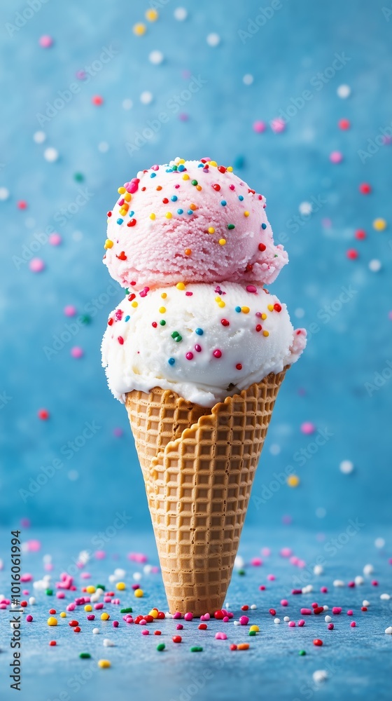 Colorful ice cream cone with pink and white scoops topped with sprinkles against a blue background