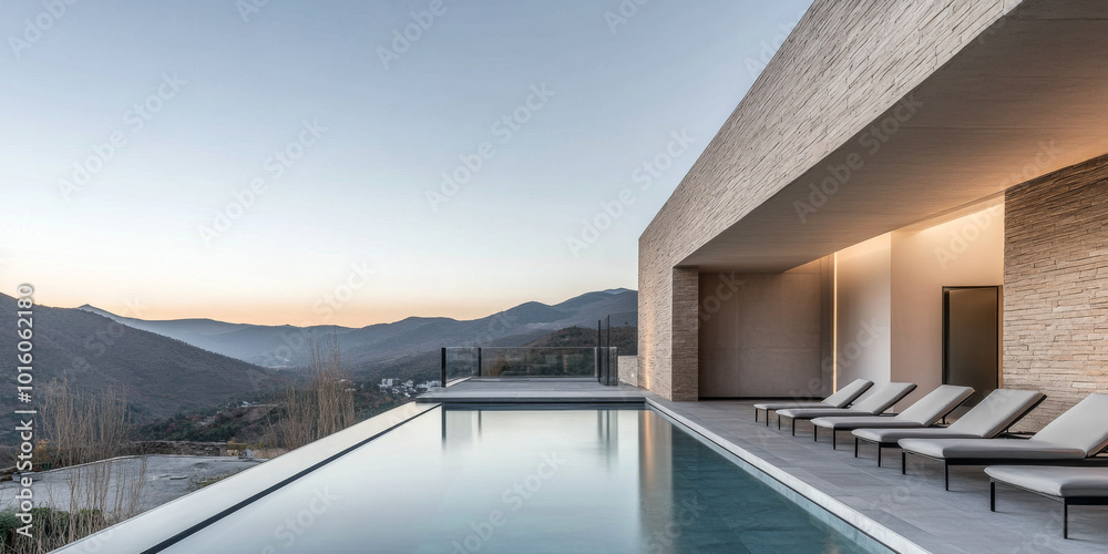 Modern hillside villa with infinity pool and stunning mountain views at sunset Modern hillside villa with infinity pool and stunning mountain views at sunset