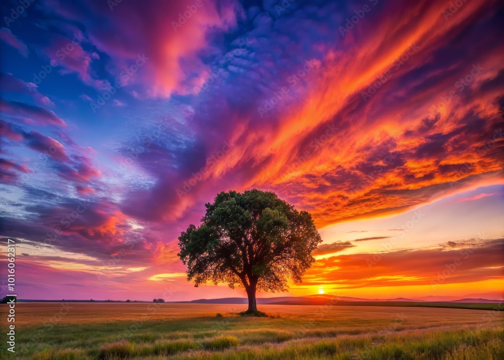 Aerial view of a serene sunset casting warm hues over an open field, with majestic trees silhouetted against the vibrant sky, creating a tranquil Aerial view of a serene sunset casting warm hues over an open field, with majestic trees silhouetted against the vibrant sky, creating a tranquil