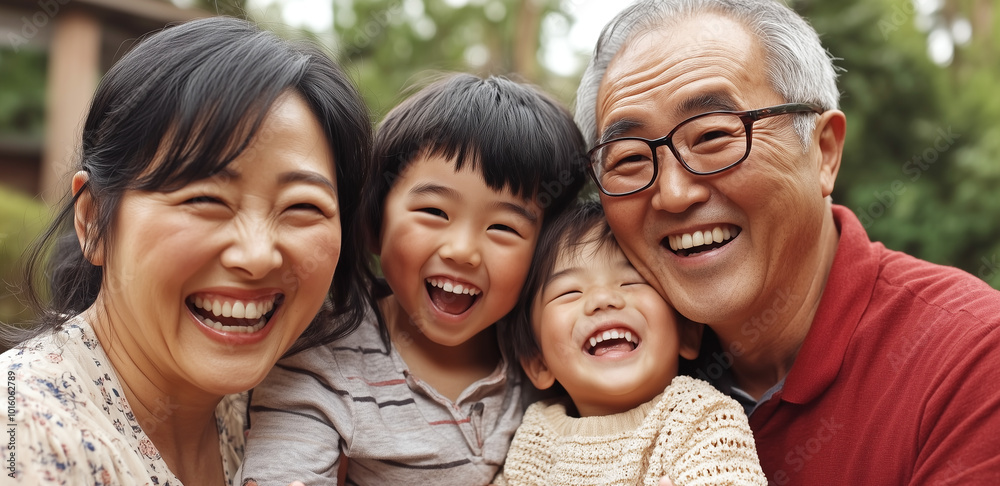 A cheerful multigenerational family enjoying a joyful moment together outdoors. Grandparents and children smiling warmly, capturing the essence of family togetherness and happiness on a sunny day. A cheerful multigenerational family enjoying a joyful moment together outdoors. Grandparents and children smiling warmly, capturing the essence of family togetherness and happiness on a sunny day.
