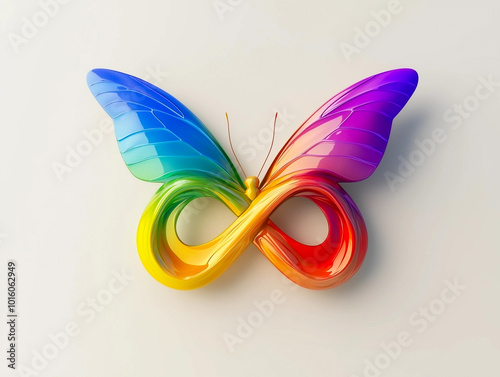 Rainbow infinity sign - autism symbol - in the form of a colorful glossy butterfly. Vibrant colors, gray background.