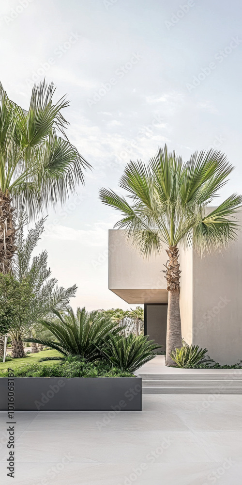 Fototapeta premium Stunning modern architecture with palm trees and lush greenery in a serene outdoor setting