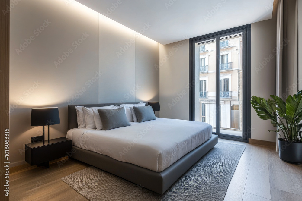 Modern, stylish bedroom with large windows and a plant, located in a contemporary apartment Modern, stylish bedroom with large windows and a plant, located in a contemporary apartment