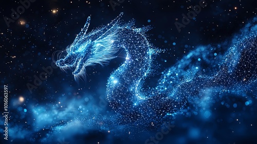 This captivating blue dragon emerges through a magical starry sky, symbolizing a transcendent journey between realms within a sparkling digital cosmos.